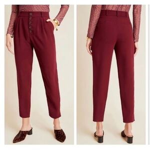 By Anthropologie Sasha Button-Fly Tapered Ankle Trousers burgundy wine red Sz 0